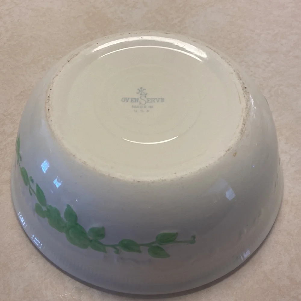 Vintage Oven Serve Made in the USA Ceramic Bowl Casserole Dish Green Floral